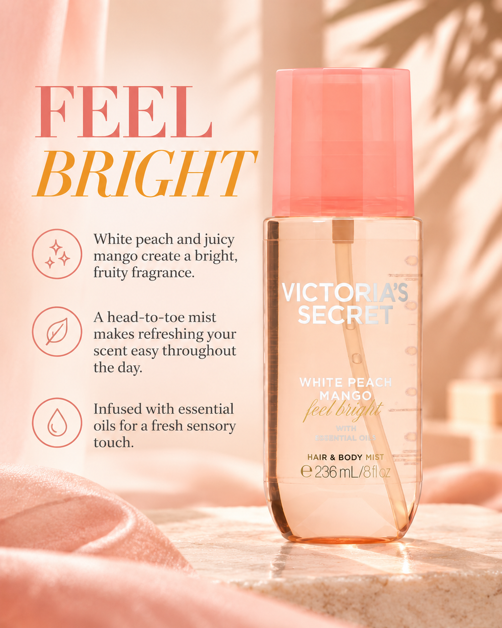 Victoria’s Secret White Peach Mango Hair & Body Mist, Feel Bright, 8 fl oz