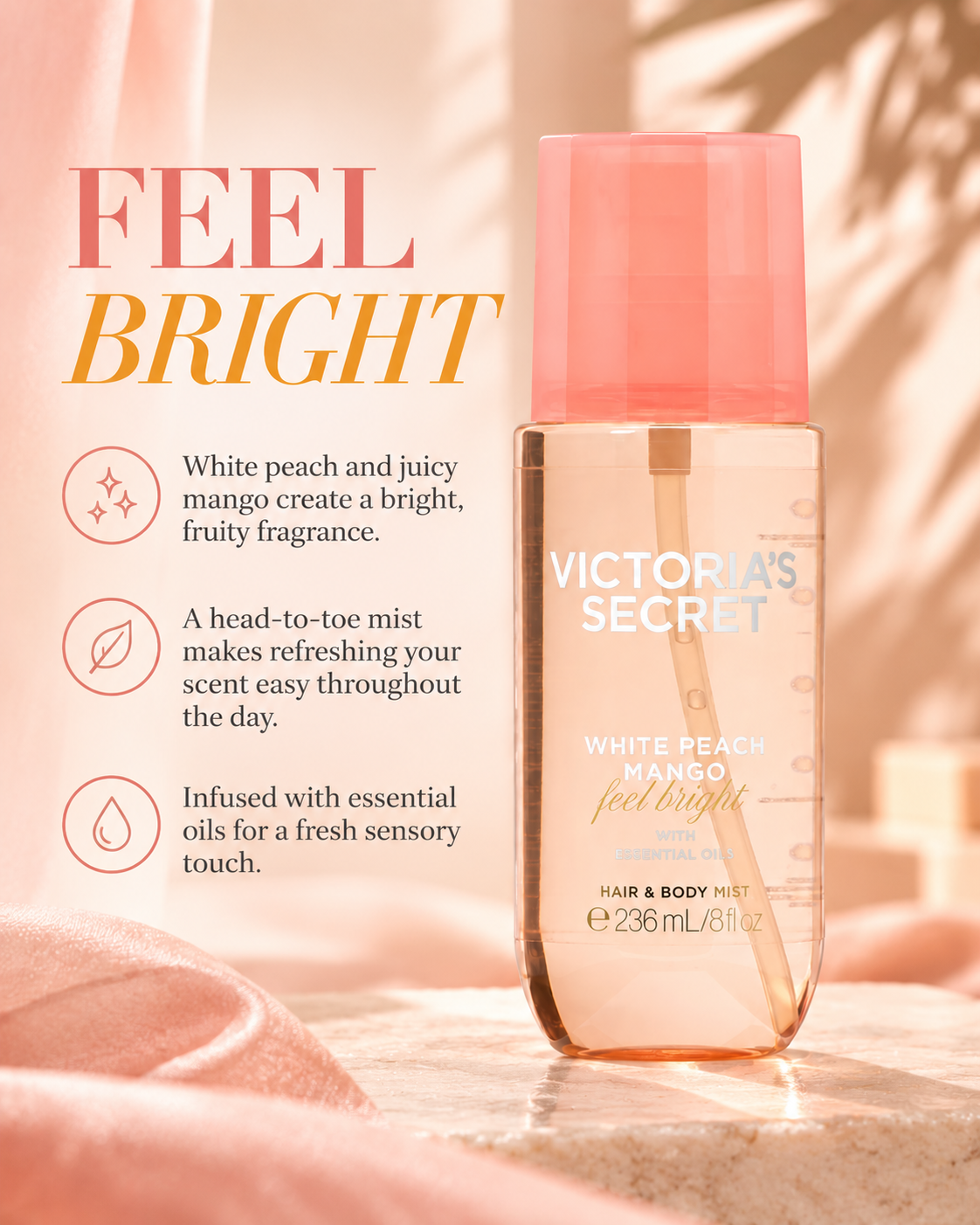 Victoria’s Secret White Peach Mango Hair & Body Mist, Feel Bright, 8 fl oz