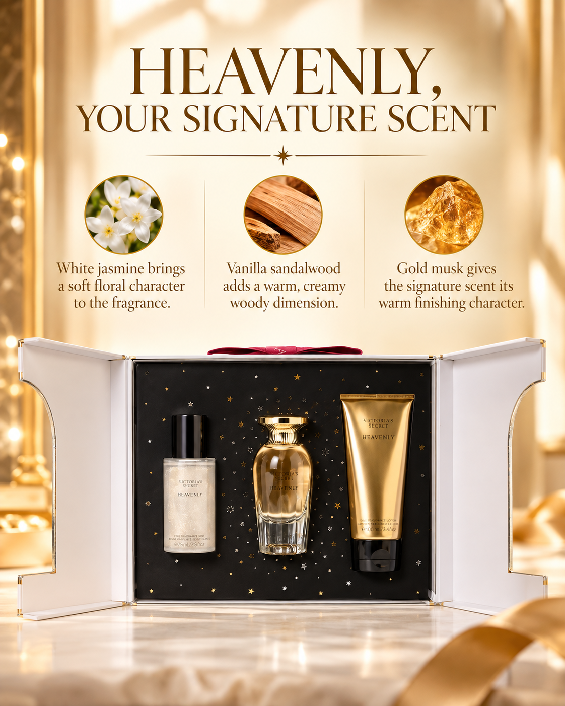 Victoria's Secret Heavenly 3 Piece Luxe Fragrance Gift Set: 1.7 oz. Eau de Parfum, Travel Lotion, & Candle