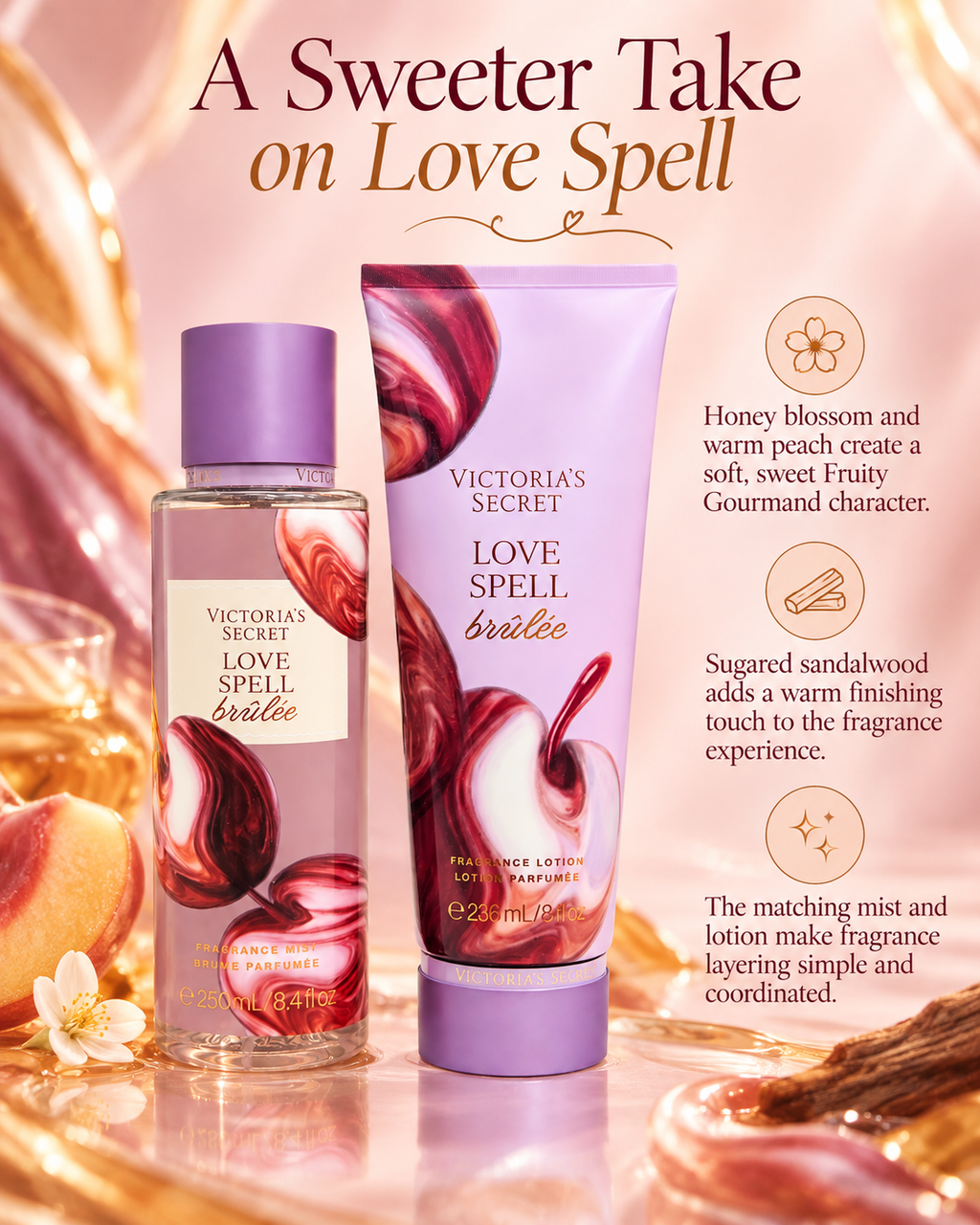 Victoria’s Secret Love Spell Brulee Fragrance Mist & Lotion Set – 2-Piece, 250 ml & 236 ml