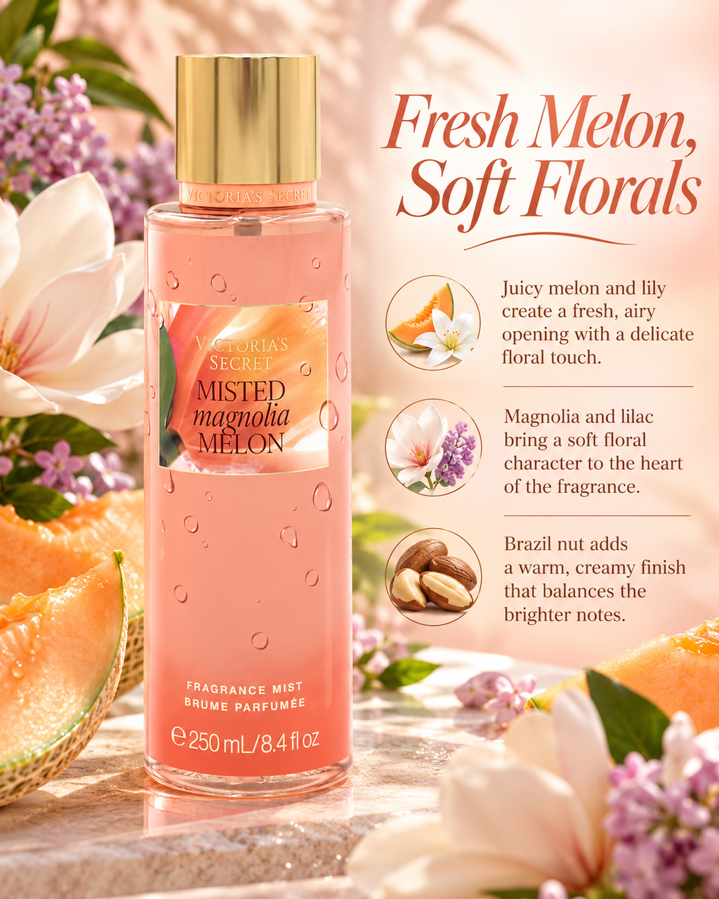 Victoria’s Secret Misted Magnolia Melon Fragrance Mist, 8.4 fl oz / 250 mL