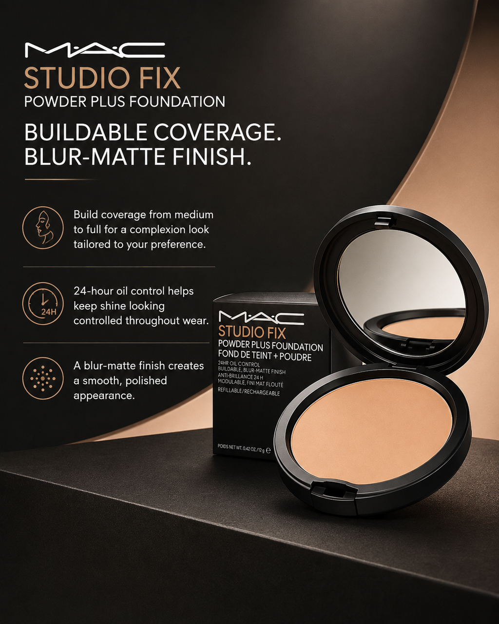 MAC Studio Fix Powder Plus Foundation – 24HR Oil Control, Blur-Matte Finish, 0.42 oz