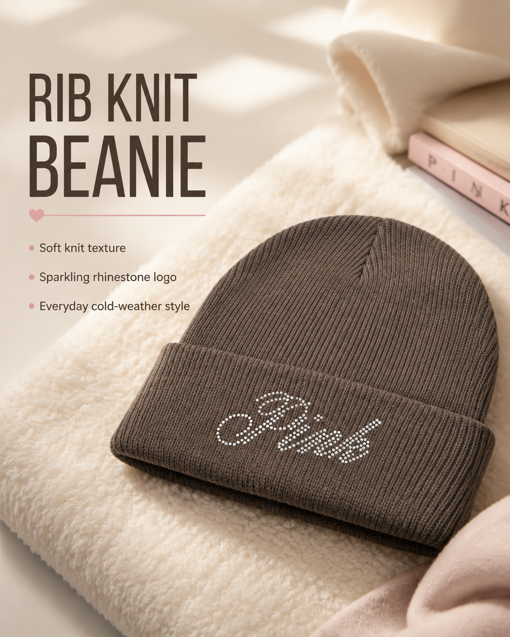 Victoria’s Secret PINK Rhinestone Logo Rib Knit Beanie Brown