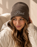 Victoria’s Secret PINK Rhinestone Logo Rib Knit Beanie Brown