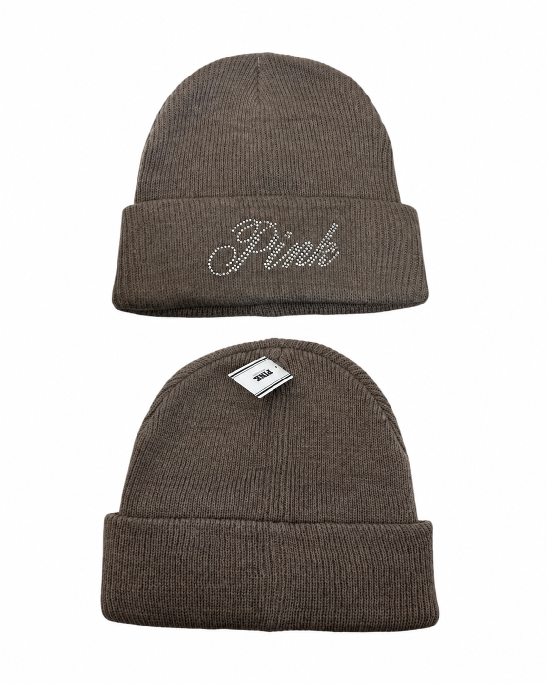 Victoria’s Secret PINK Rhinestone Logo Rib Knit Beanie Brown