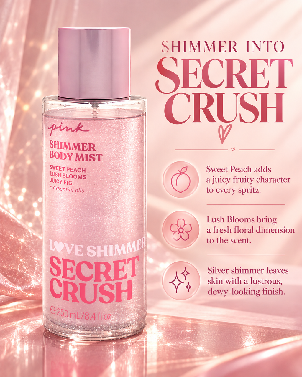 Victoria’s Secret PINK Love Shimmer Secret Crush Shimmer Body Mist, 8.4 fl oz