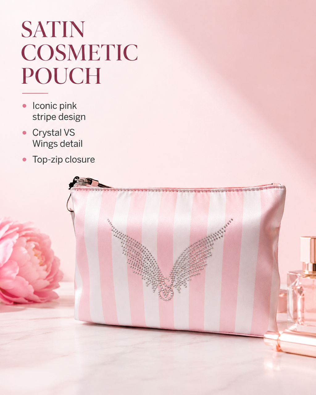 Victoria’s Secret PINK Iconic Stripe Shine Fashion Show Satin Cosmetic Pouch