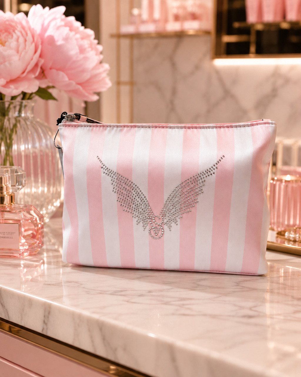 Victoria’s Secret PINK Iconic Stripe Shine Fashion Show Satin Cosmetic Pouch
