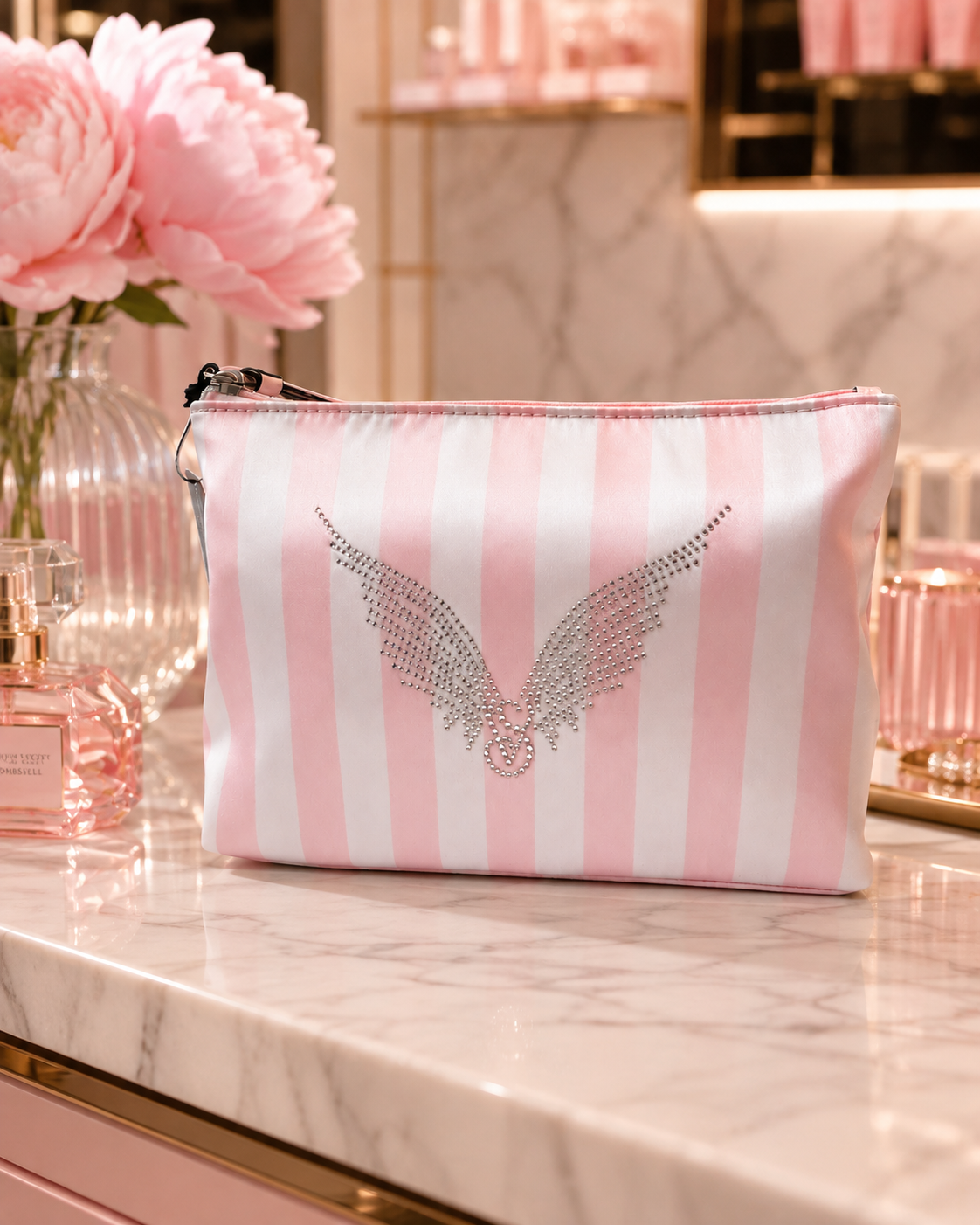 Victoria’s Secret PINK Iconic Stripe Shine Fashion Show Satin Cosmetic Pouch