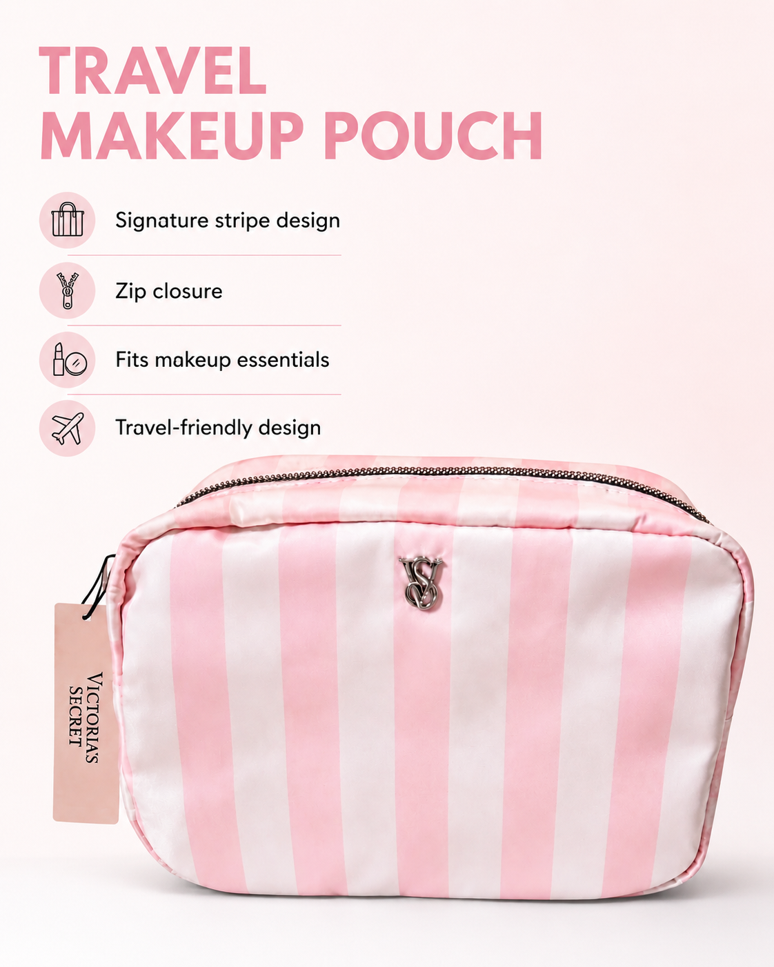 Victoria’s Secret Pink Stripe Travel Makeup Pouch Cosmetic Bag, NWT