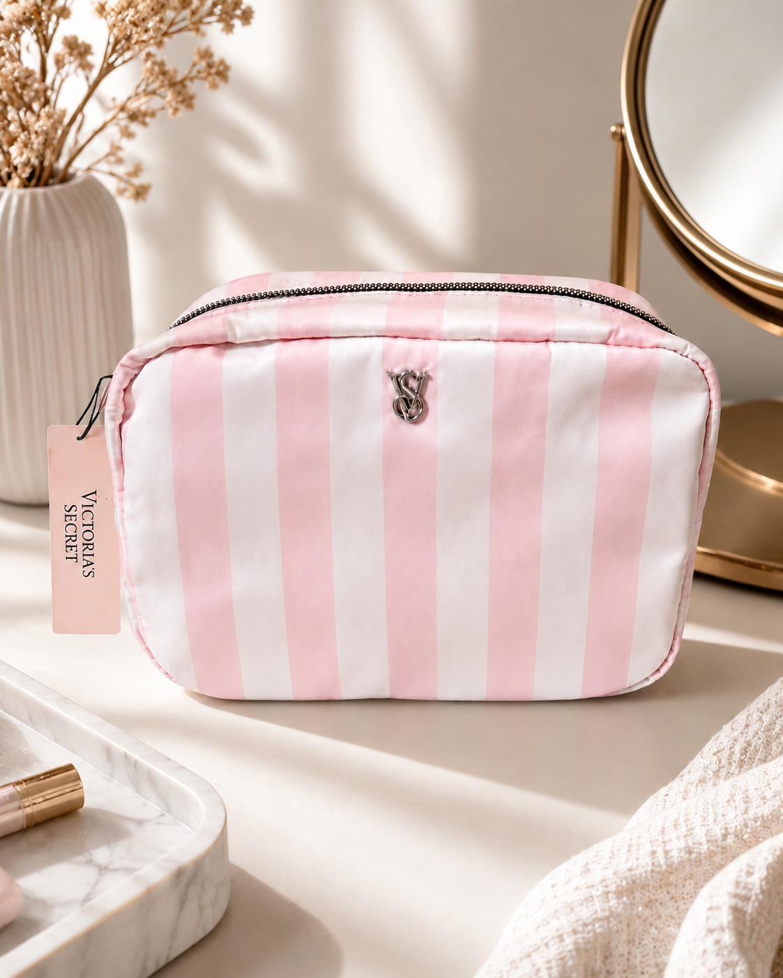 Victoria’s Secret Pink Stripe Travel Makeup Pouch Cosmetic Bag, NWT