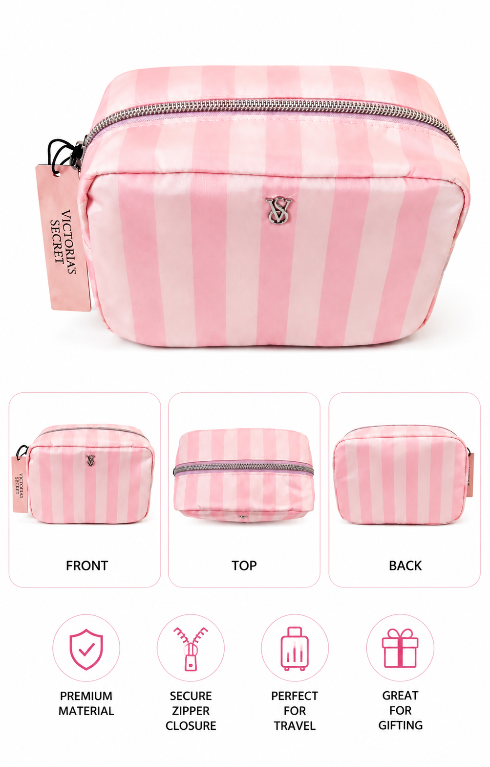 Victoria’s Secret Pink Stripe Travel Makeup Pouch Cosmetic Bag, NWT