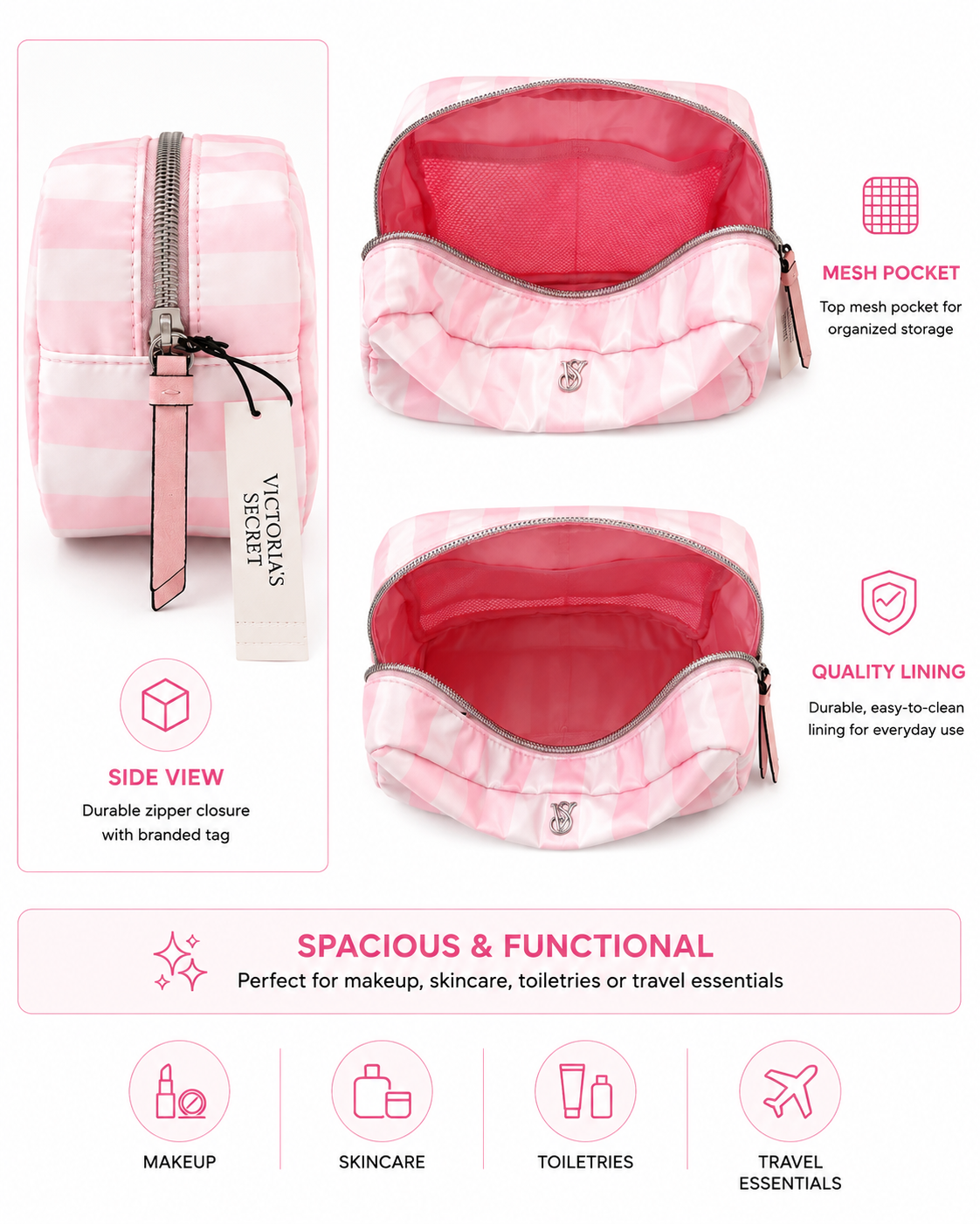 Victoria’s Secret Pink Stripe Travel Makeup Pouch Cosmetic Bag, NWT