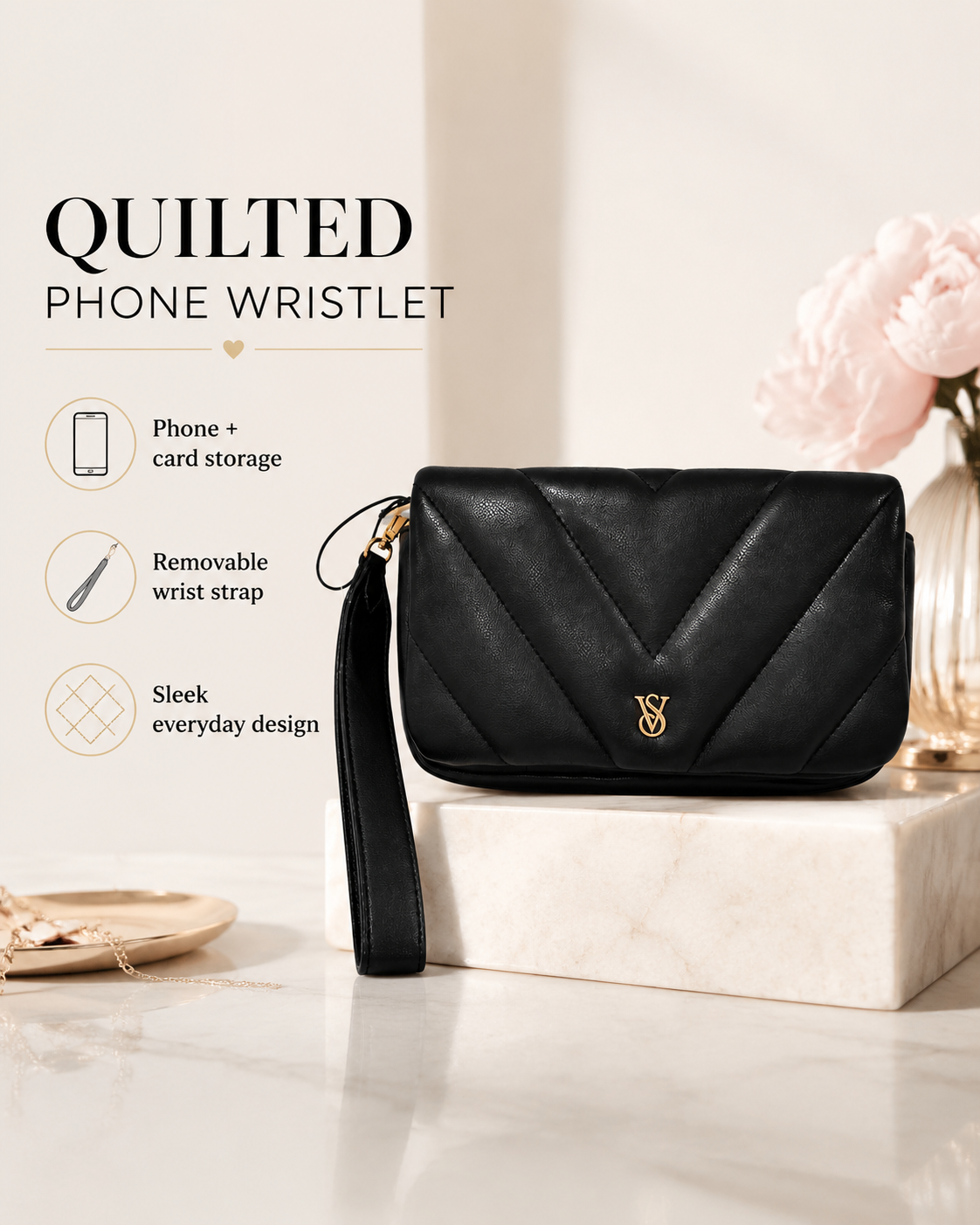 Victoria’s Secret Phone Wristlet Black Quilted Clutch Wallet with Removable Strap