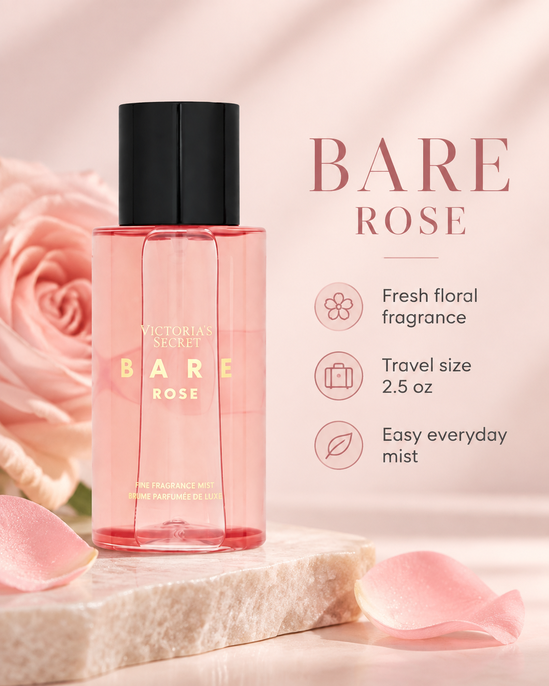 Victoria’s Secret Bare Rose Fine Fragrance Mist Travel Size 2.5 oz