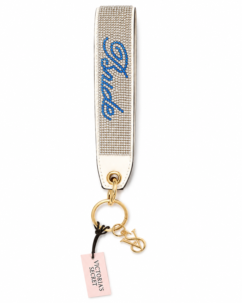 Victoria’s Secret Rhinestone Wristlet Keychain with Blue Script Design, NWT