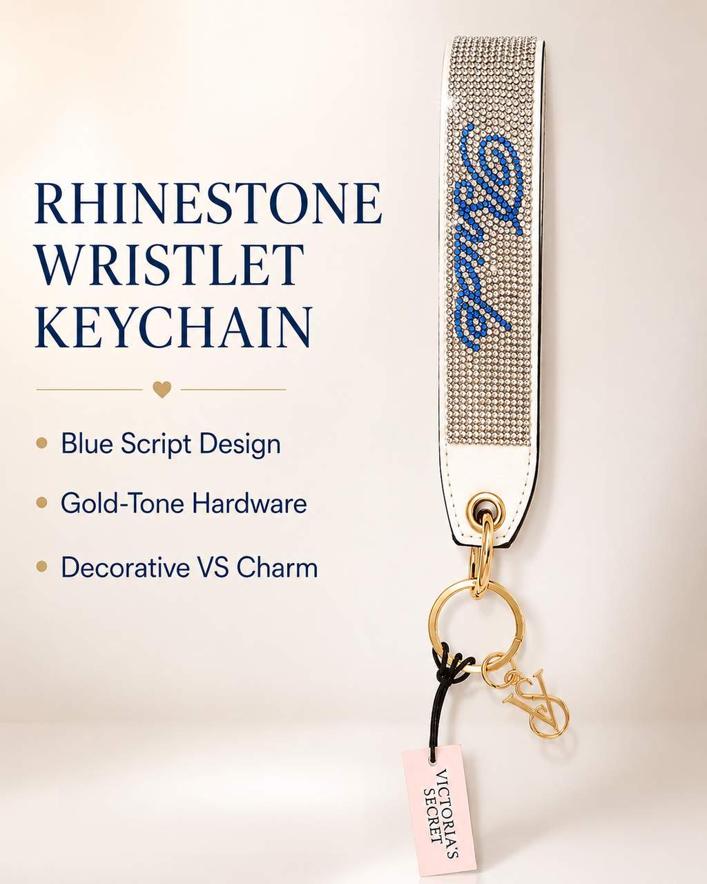 Victoria’s Secret Rhinestone Wristlet Keychain with Blue Script Design, NWT