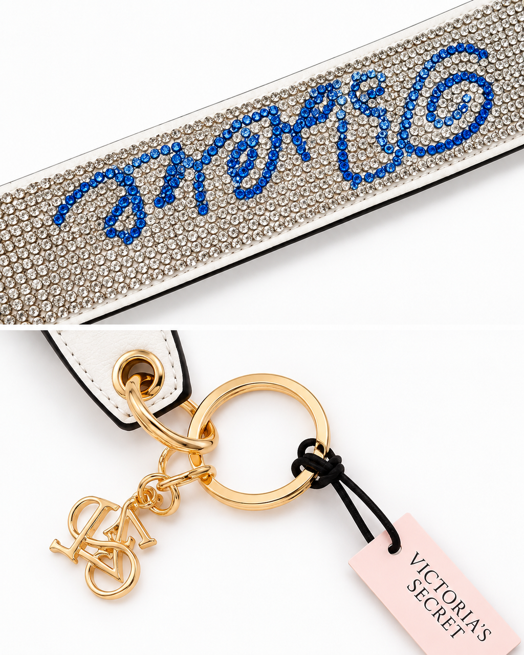 Victoria’s Secret Rhinestone Wristlet Keychain with Blue Script Design, NWT
