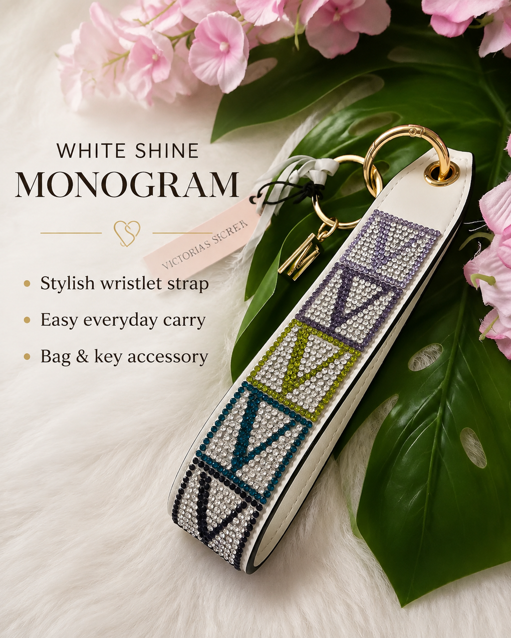 Victoria’s Secret White Shine Monogram Wristlet Strap Keychain