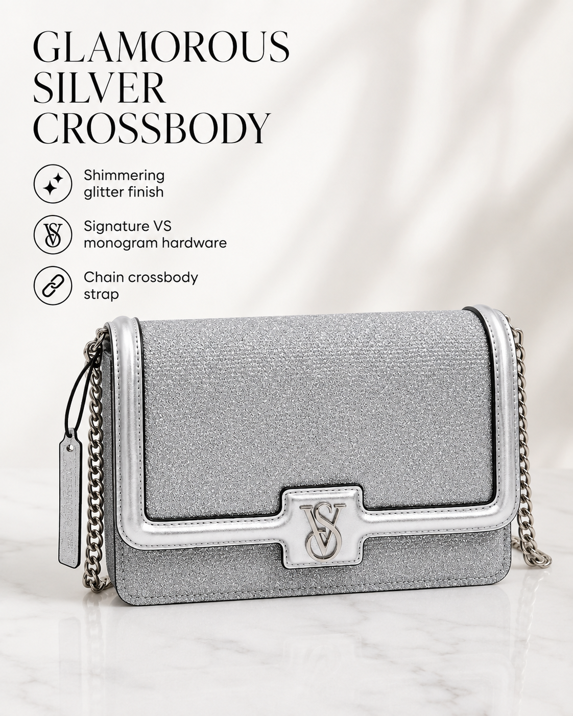 Victoria’s Secret Silver Glitter Crossbody Bag with Chain Strap