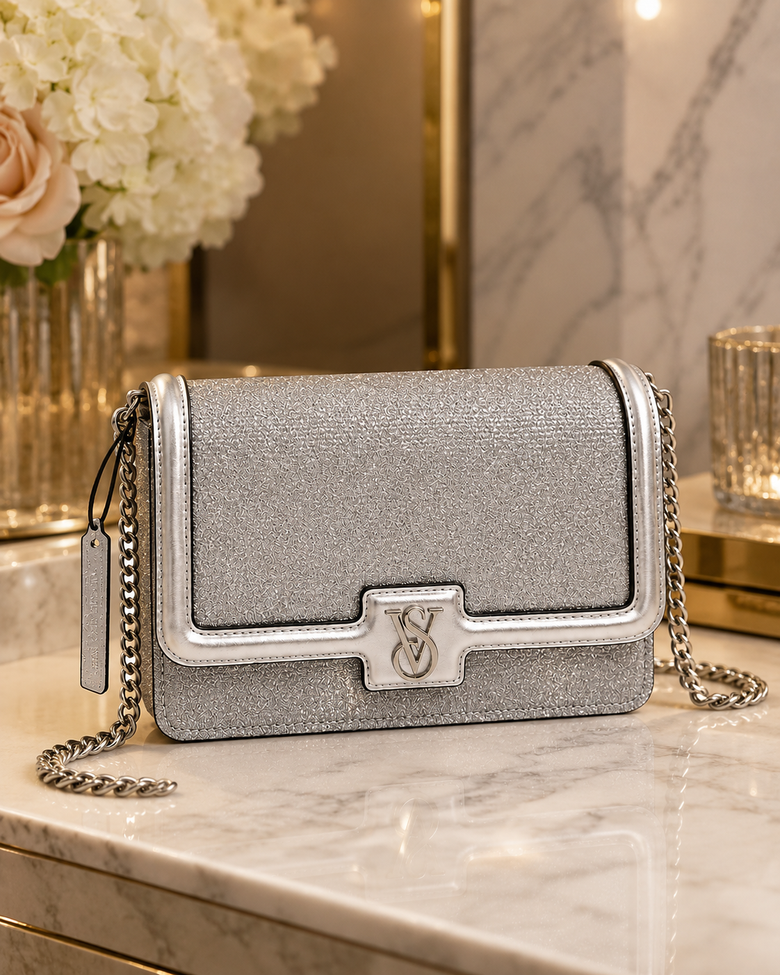 Victoria’s Secret Silver Glitter Crossbody Bag with Chain Strap