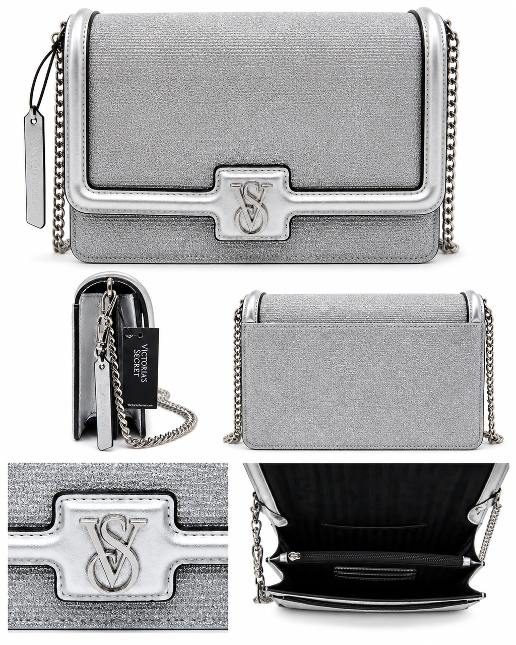 Victoria’s Secret Silver Glitter Crossbody Bag with Chain Strap