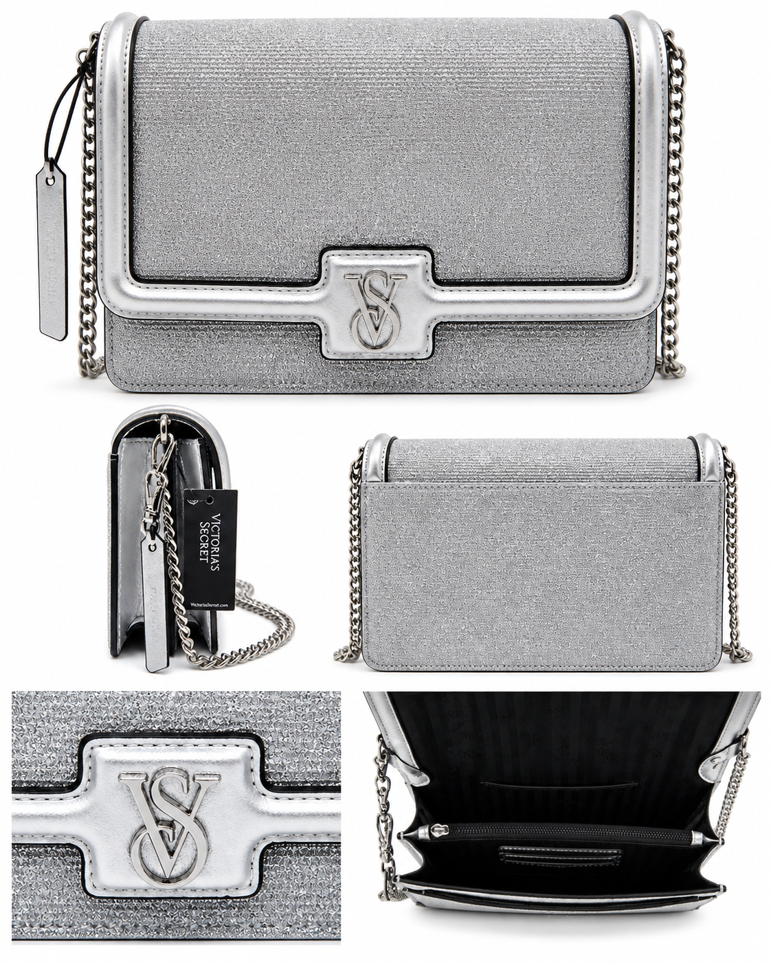 Victoria’s Secret Silver Glitter Crossbody Bag with Chain Strap