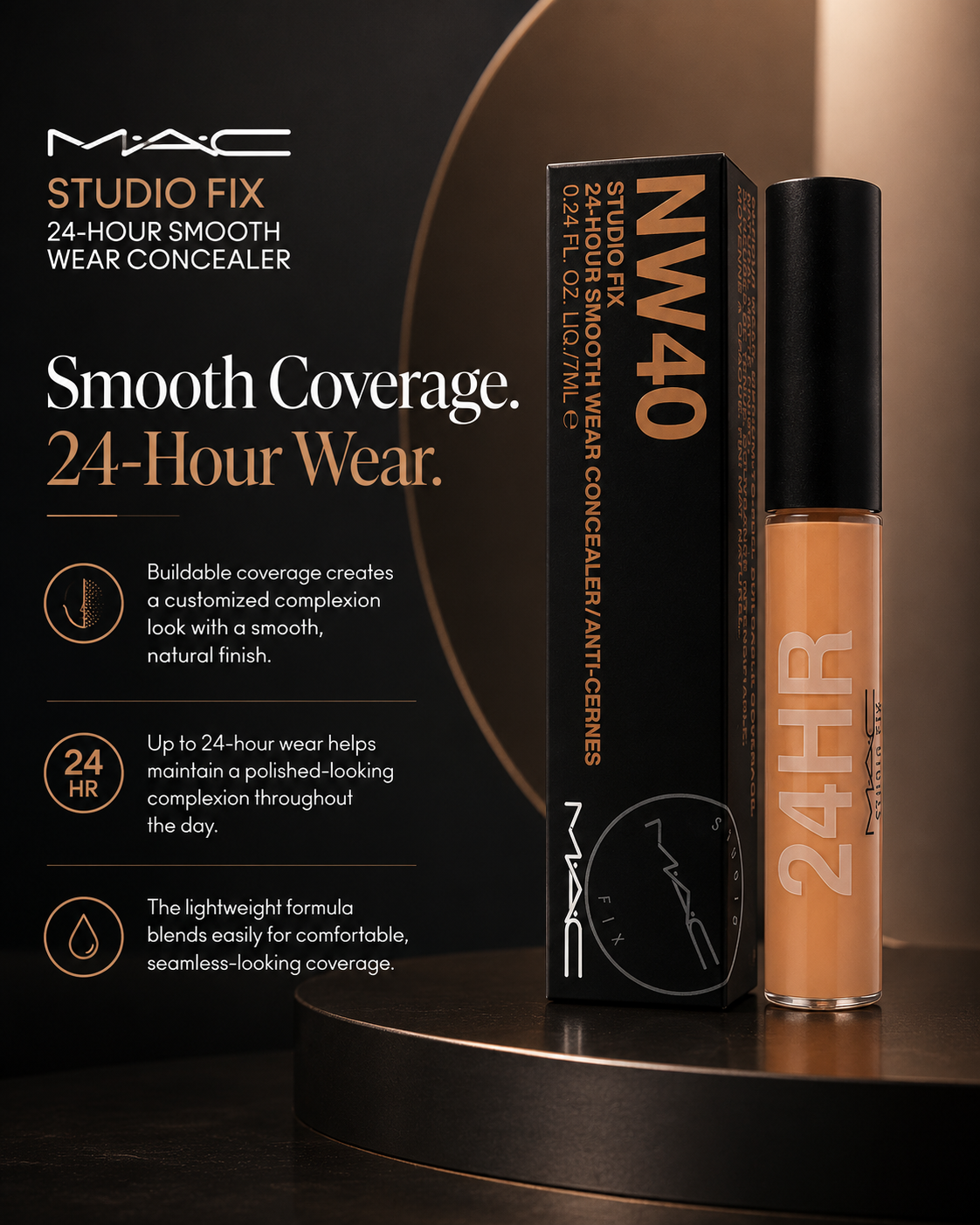 MAC Studio Fix 24-Hour Smooth Wear Concealer – NW40 Deep Beige, 0.24 fl oz / 7 ml