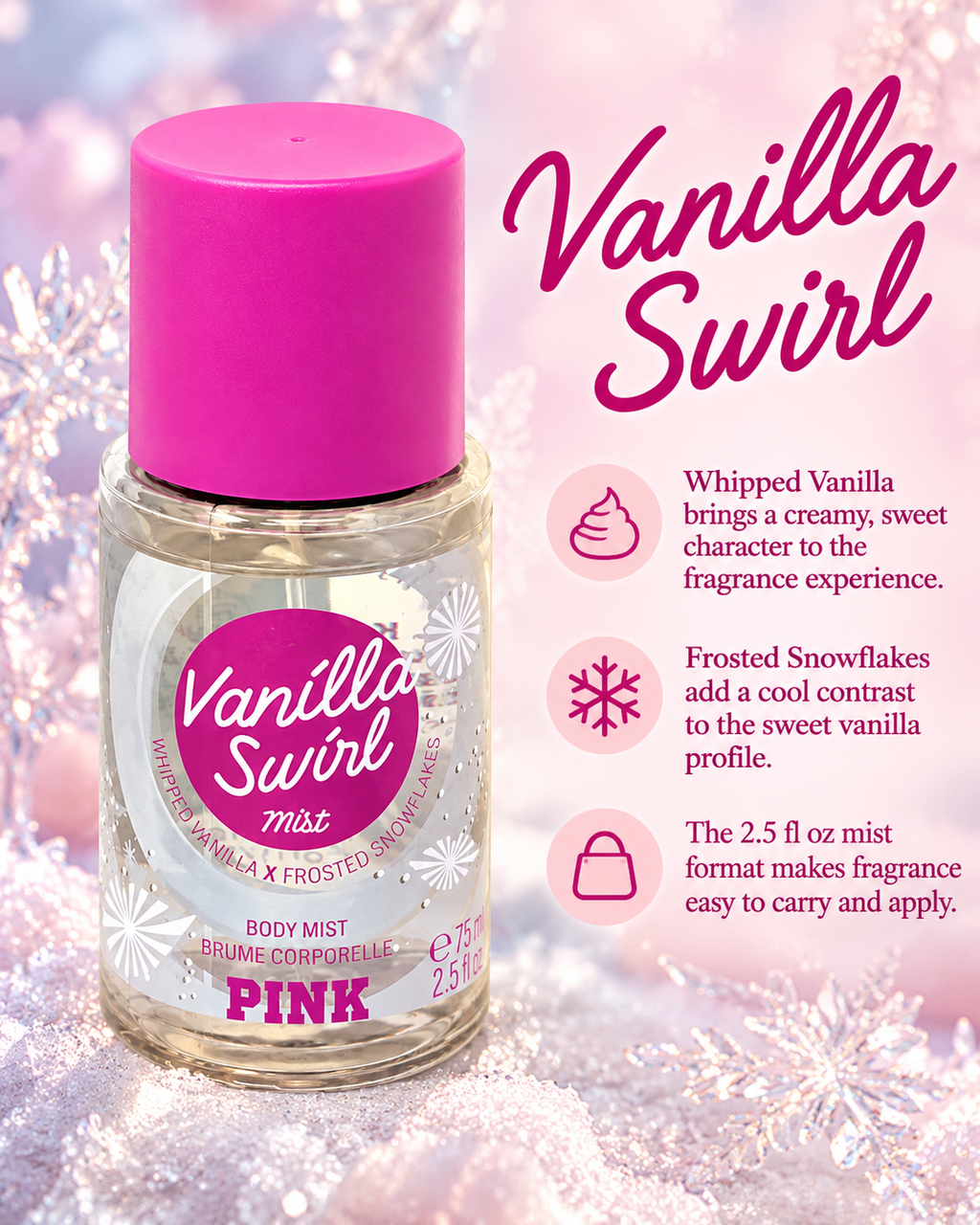 Victoria's Secret PINK Vanilla Swirl Body Mist, Whipped Vanilla & Frosted Snowflakes, 2.5 fl oz