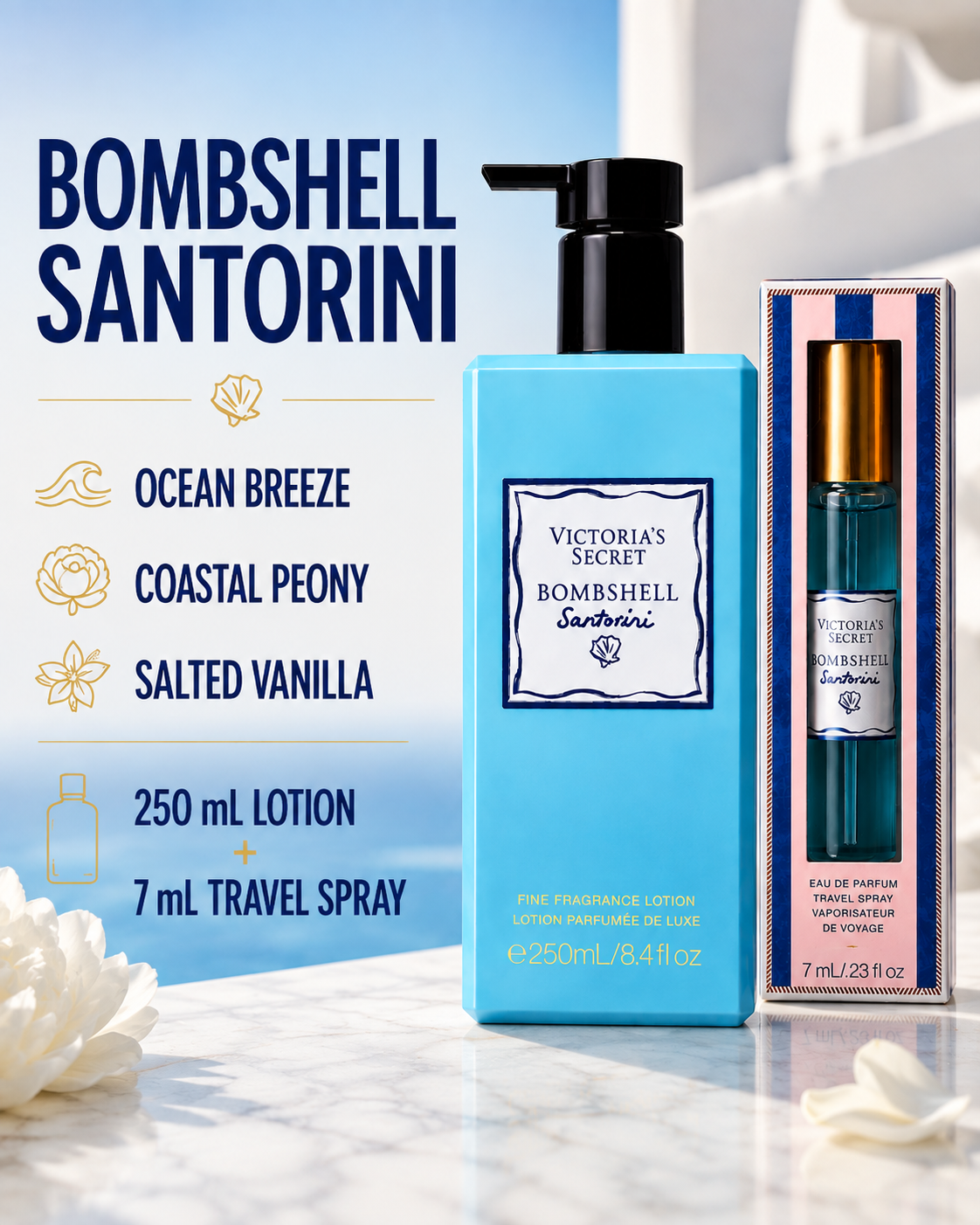 Victoria’s Secret Bombshell Santorini Fine Fragrance Lotion & Eau de Parfum Travel Spray Set, 250 ml + 7 ml