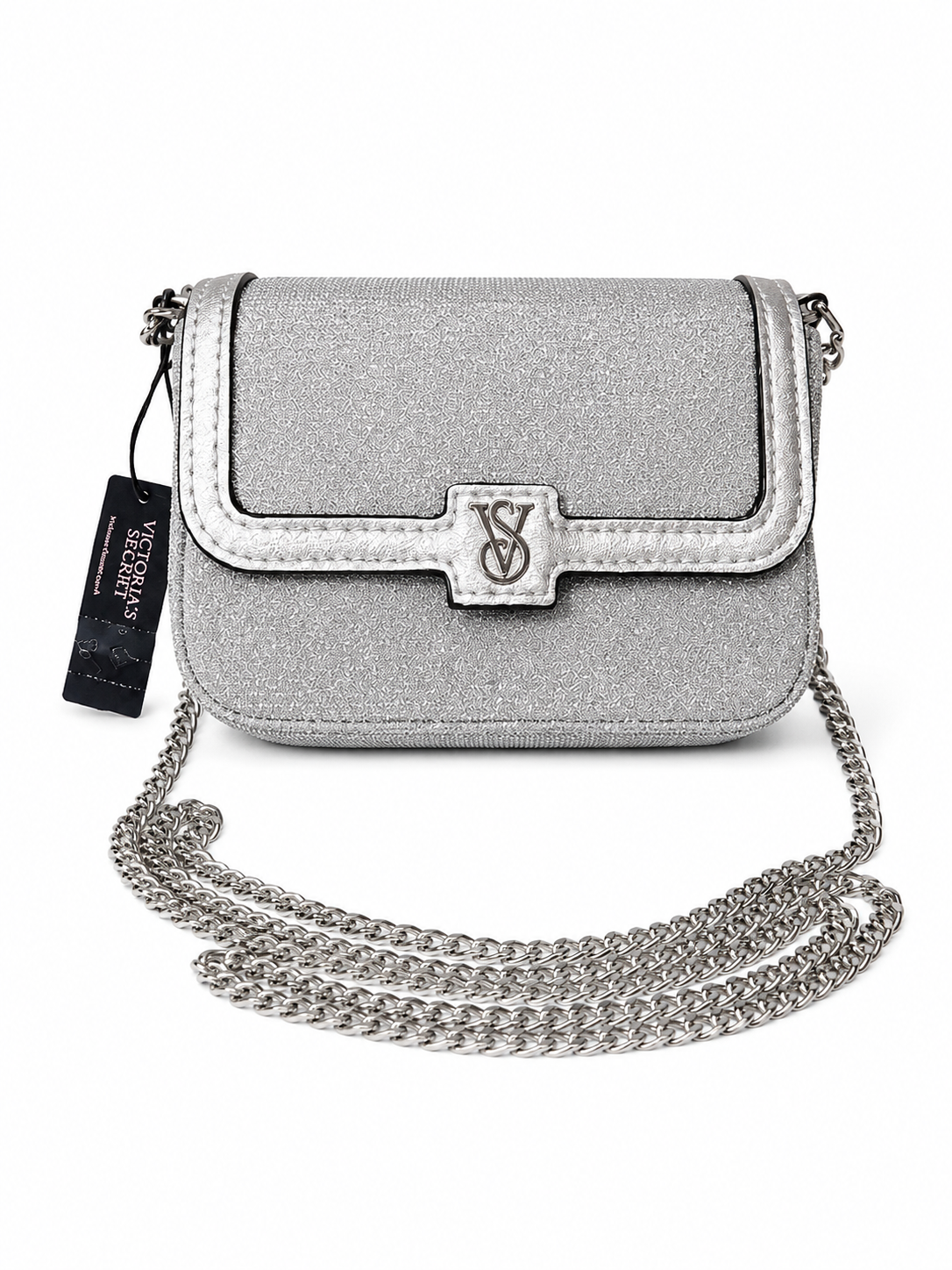 Victoria’s Secret Silver Glitter Mini Crossbody Bag with Chain Strap