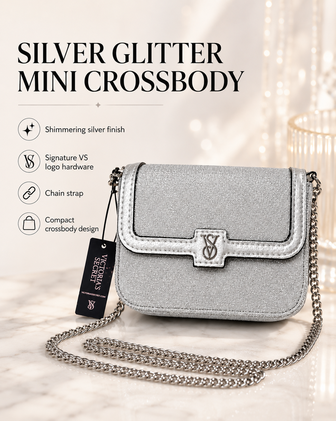 Victoria’s Secret Silver Glitter Mini Crossbody Bag with Chain Strap