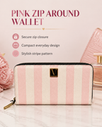 Victoria’s Secret PINK Pink Stripe Zip Around Wallet Clutch with Gold Logo