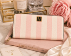 Victoria’s Secret PINK Pink Stripe Zip Around Wallet Clutch with Gold Logo
