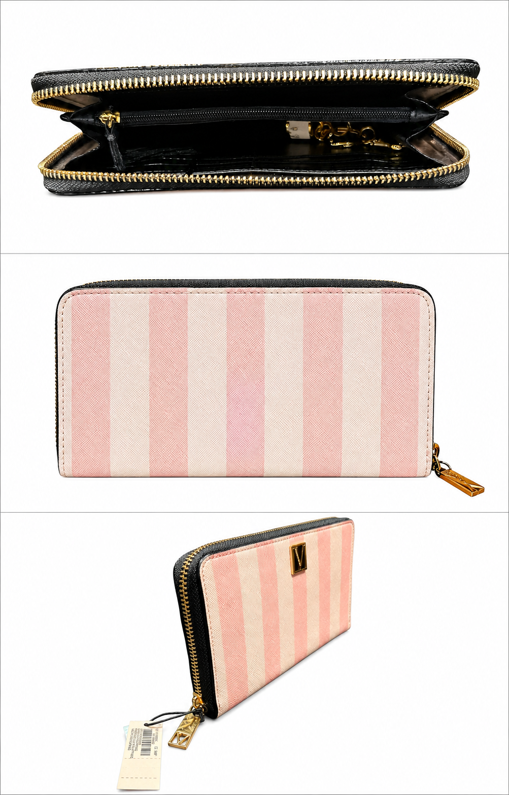 Victoria’s Secret PINK Pink Stripe Zip Around Wallet Clutch with Gold Logo
