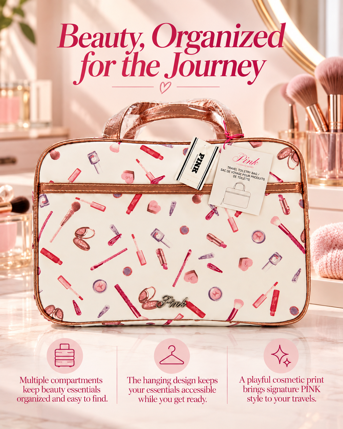 PINK Victoria’s Secret Travel Toiletry Bag, Cosmetic Print