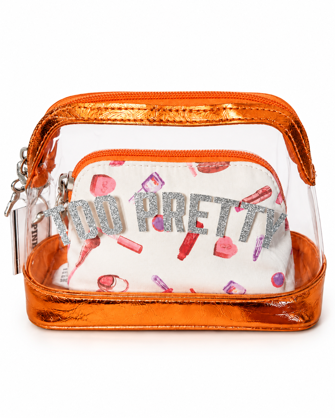 PINK Victoria’s Secret Too Pretty 2-Piece Cosmetic Makeup Bag Set – Orange & Clear