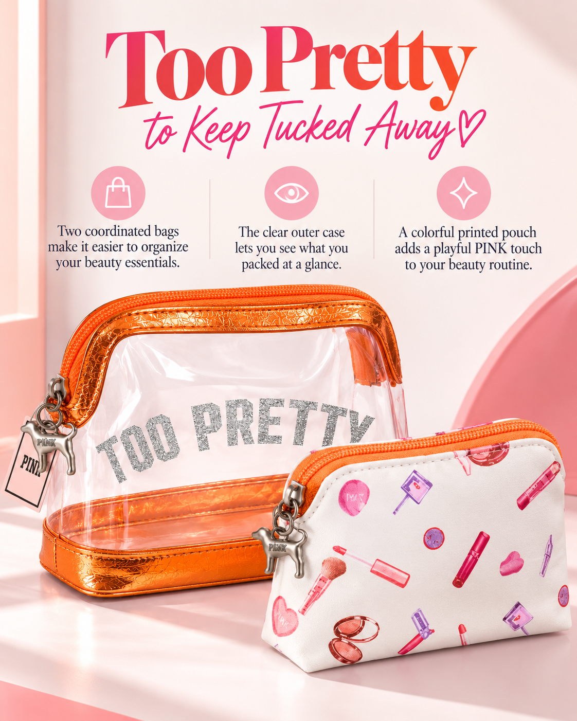 PINK Victoria’s Secret Too Pretty 2-Piece Cosmetic Makeup Bag Set – Orange & Clear