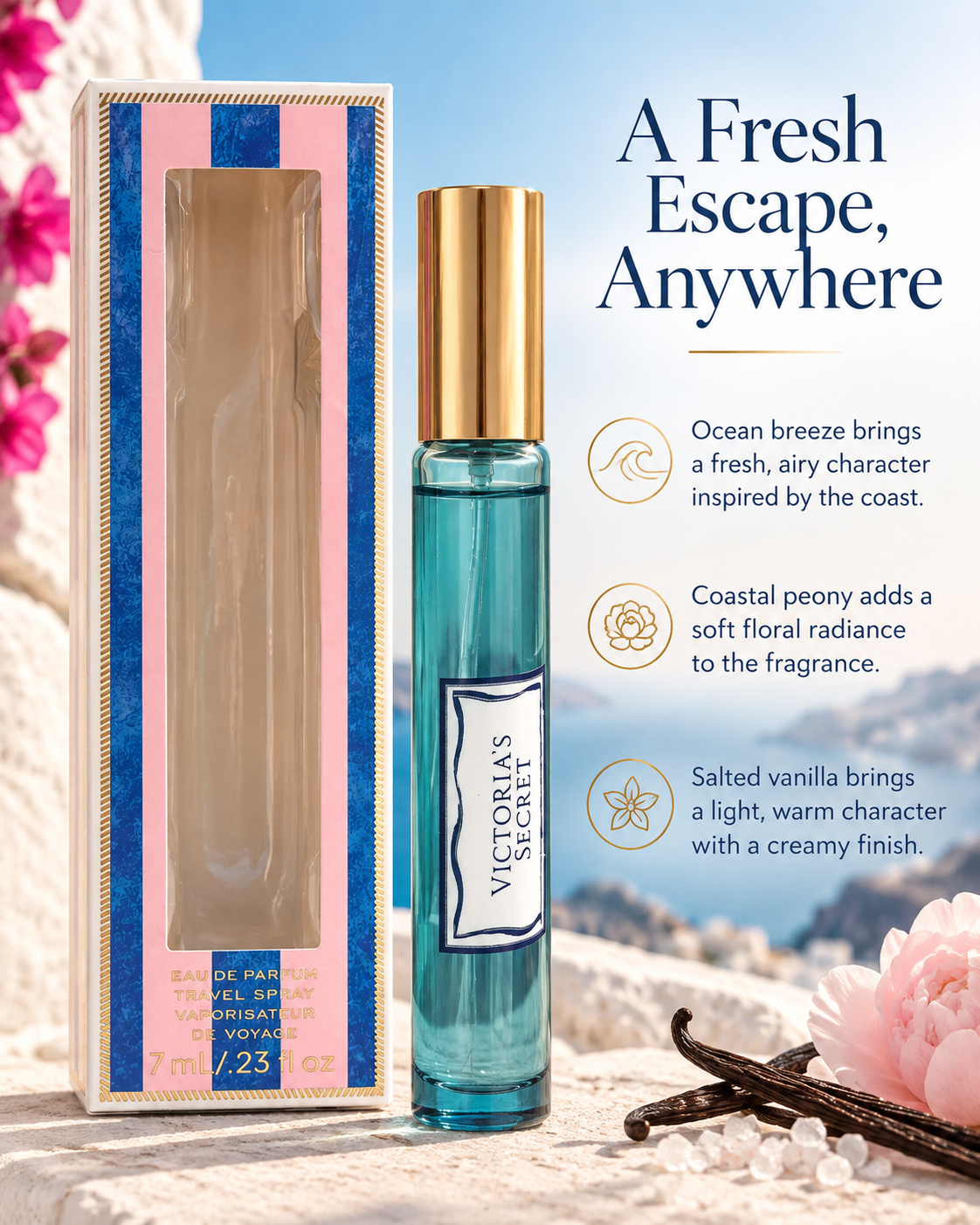 Victoria's Secret Bombshell Santorini Eau de Parfum Travel Spray, Fresh Vanilla, 0.23 fl oz
