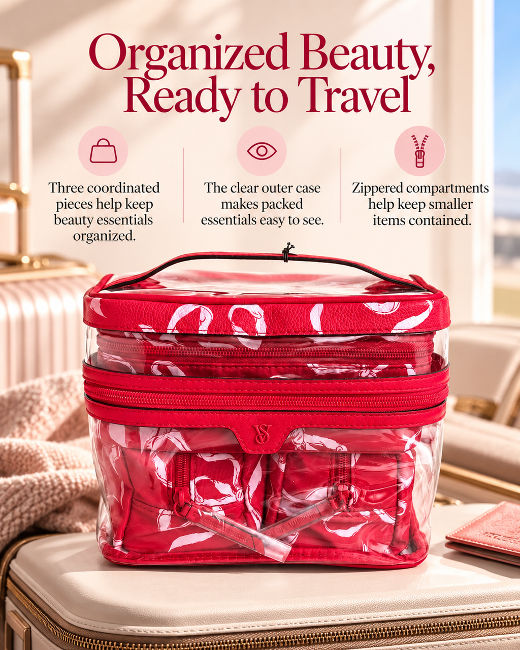 Victoria’s Secret 3-Piece Travel Cosmetic Bag Set, Red Ribbon, Clear Case
