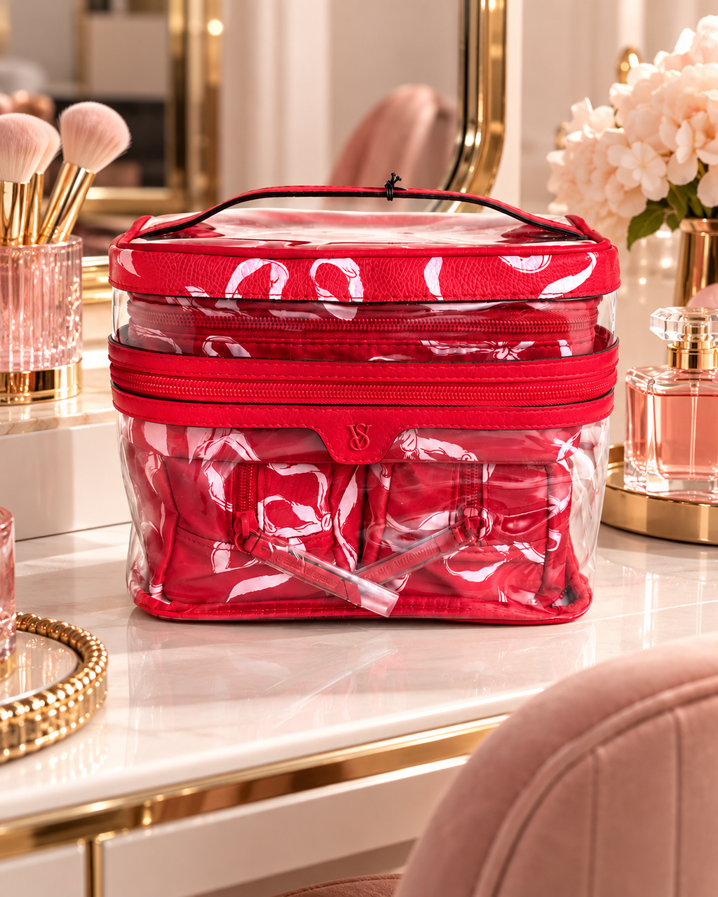 Victoria’s Secret 3-Piece Travel Cosmetic Bag Set, Red Ribbon, Clear Case