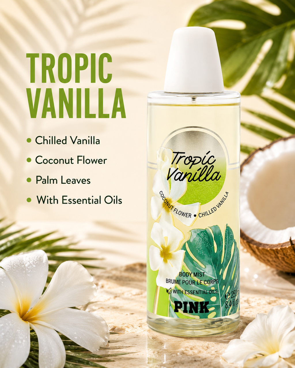 Victoria's Secret Pink Tropic Vanilla Fragrance Body Mist 8.4 fluid Ounce Spray