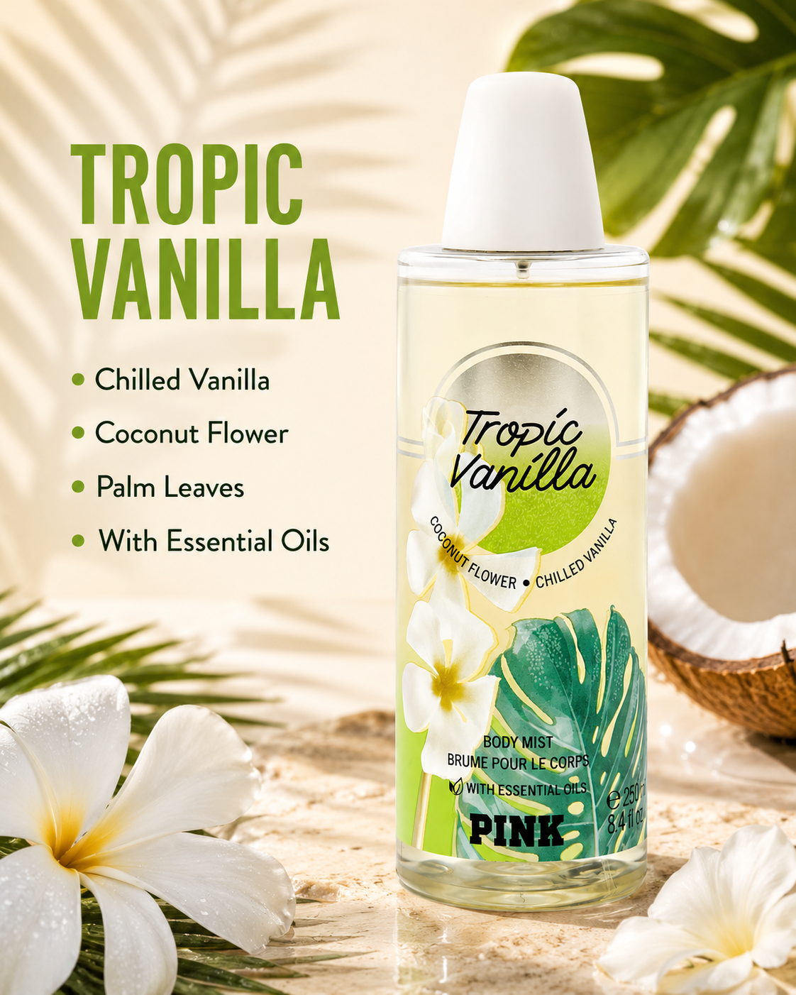 Victoria's Secret Pink Tropic Vanilla Fragrance Body Mist 8.4 fluid Ounce Spray
