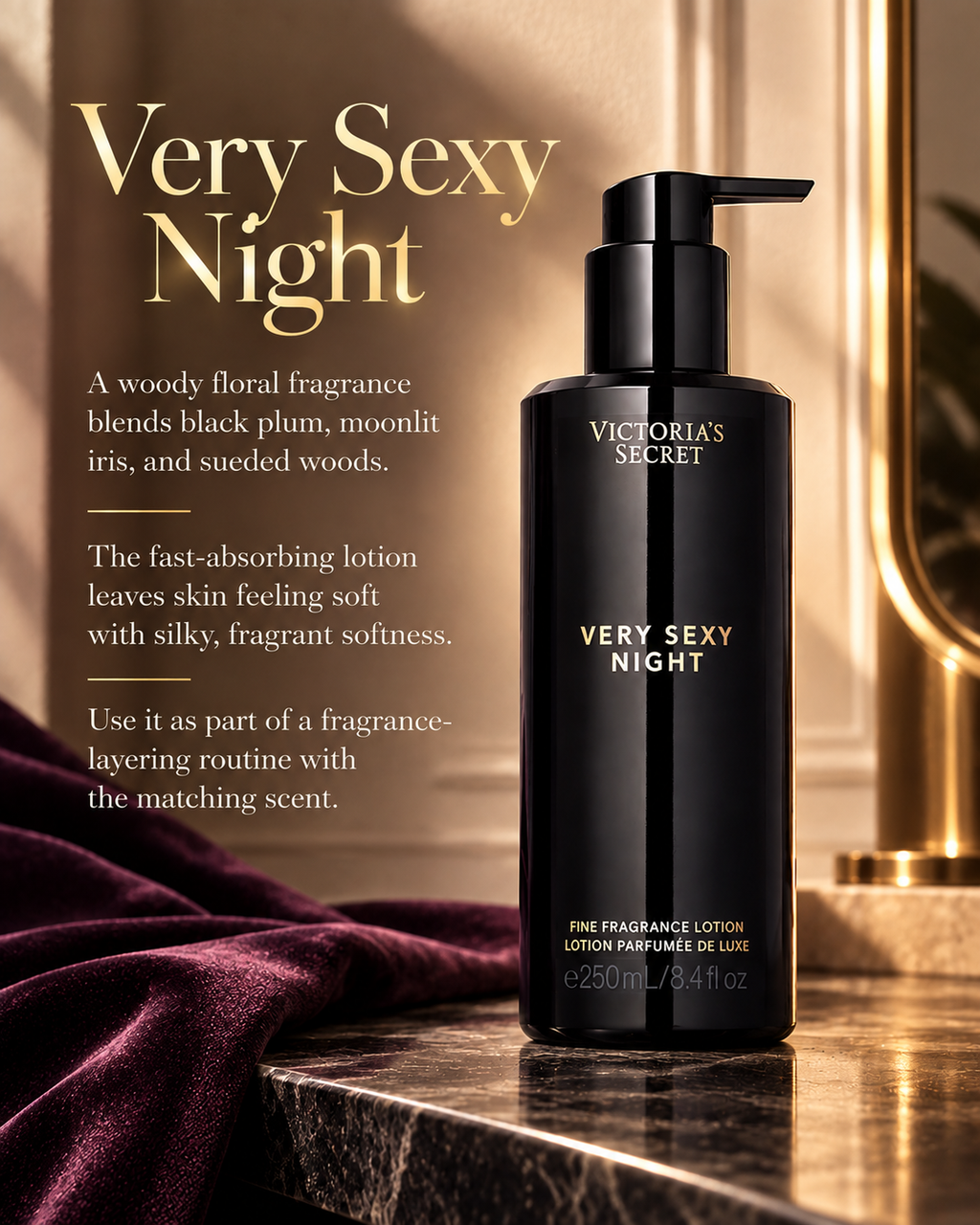 Victoria’s Secret Very Sexy Night Fine Fragrance Lotion 8.4 oz
