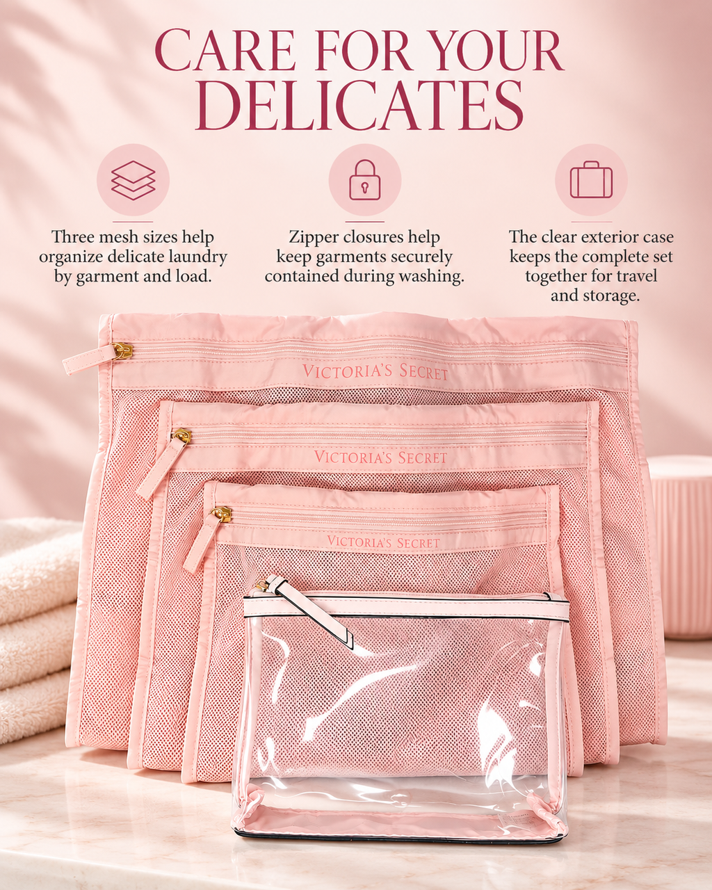 Victoria’s Secret 4-Piece Delicates Wash Bag Set, Pink