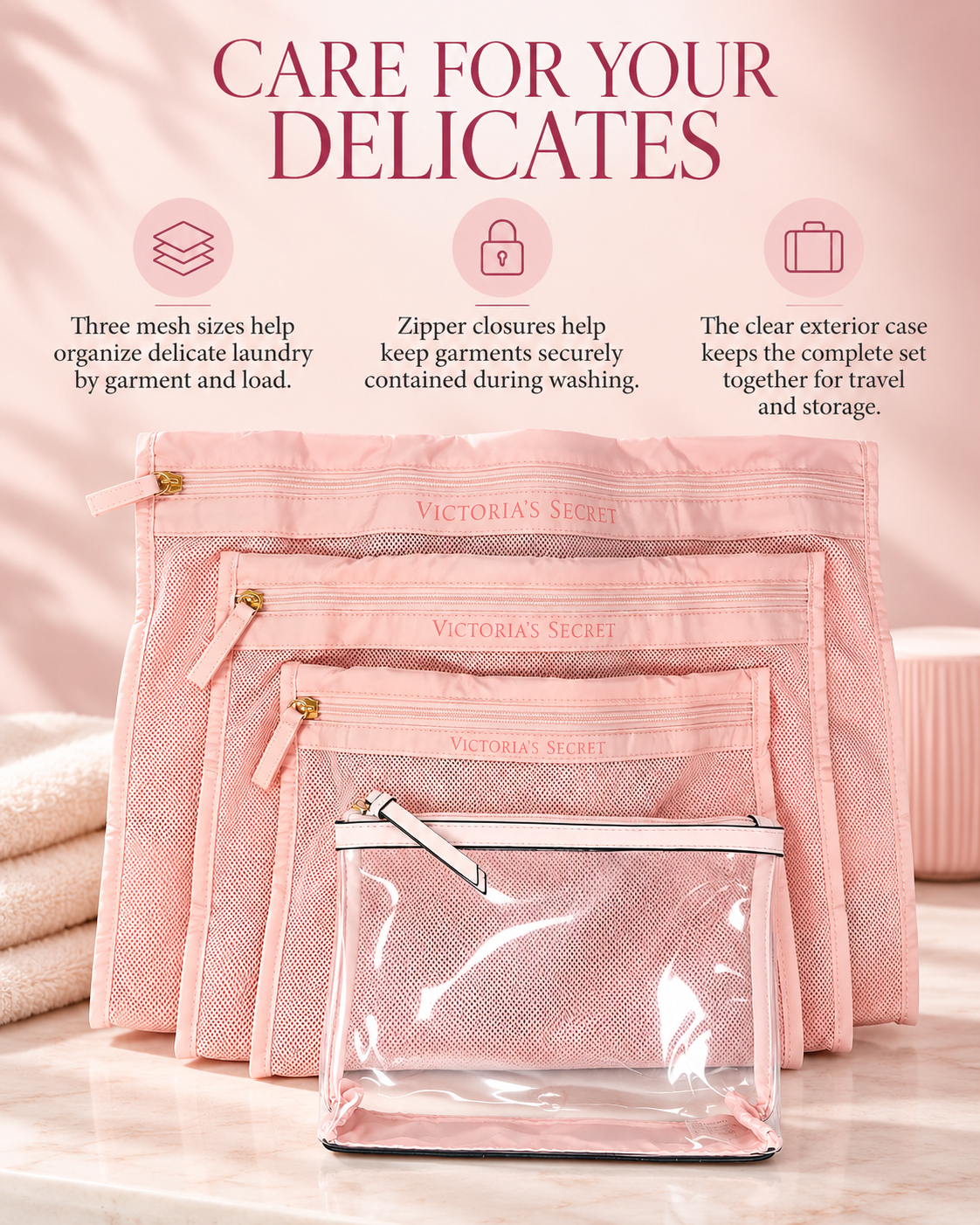 Victoria’s Secret 4-Piece Delicates Wash Bag Set, Pink