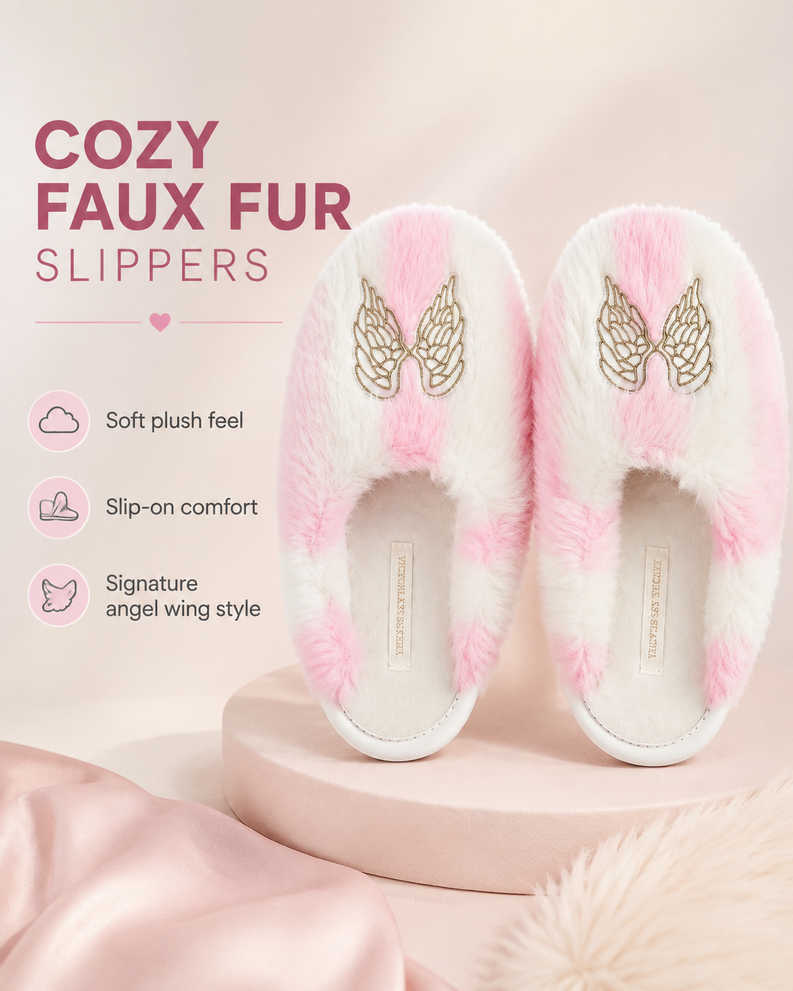 Victoria’s Secret PINK Angel Wings Faux Fur Slippers Pink & White Size S