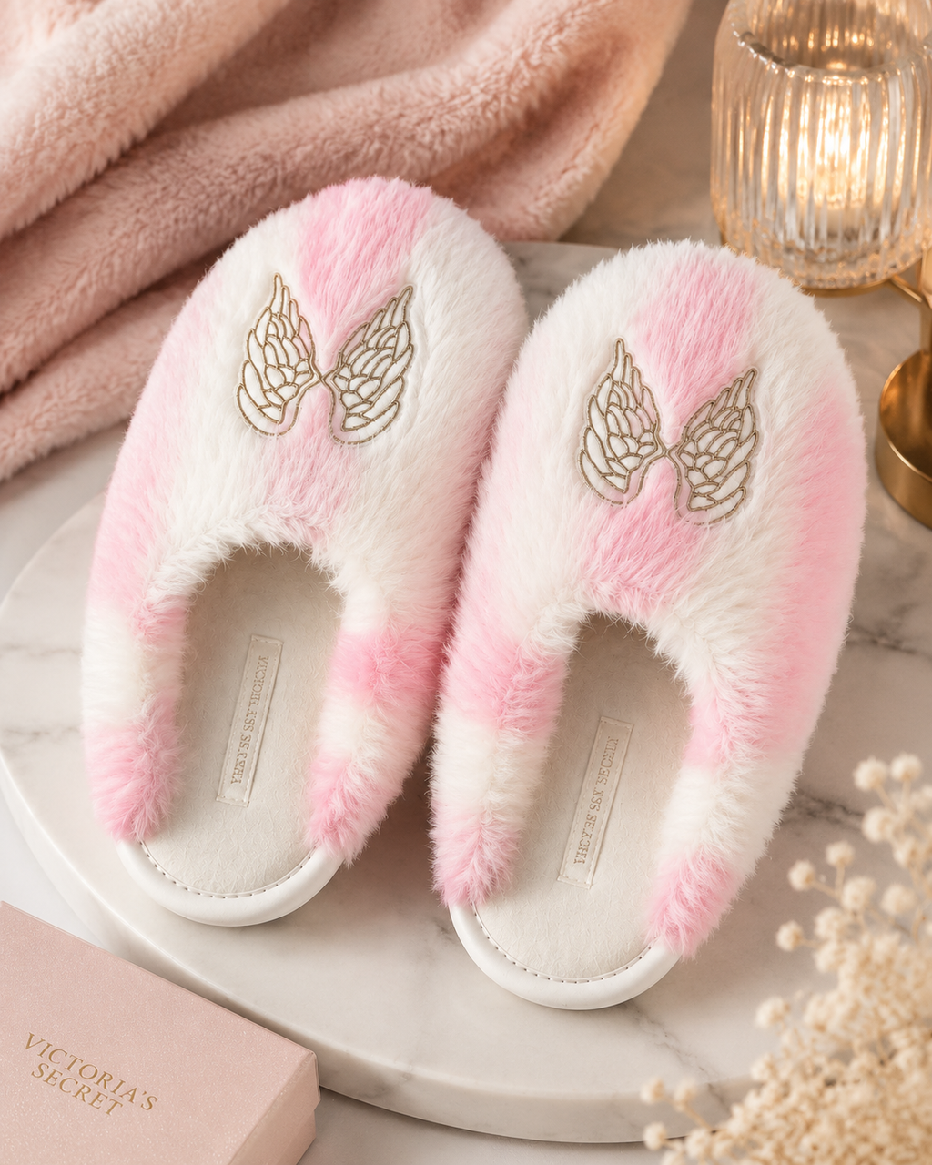 Victoria’s Secret PINK Angel Wings Faux Fur Slippers Pink & White Size S