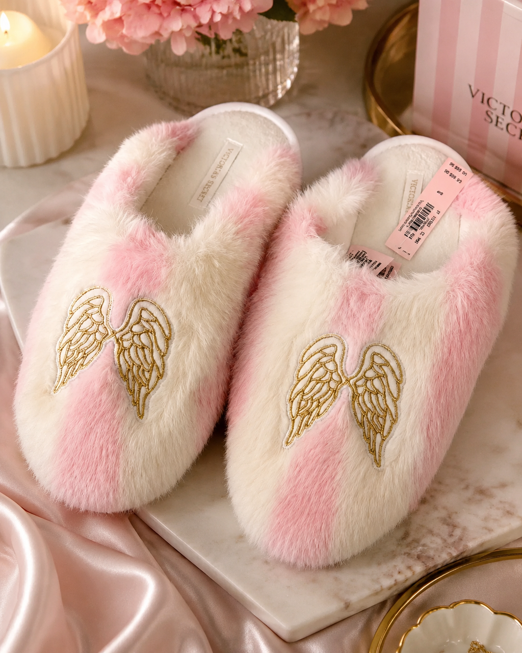 Victoria’s Secret PINK Angel Wings Faux Fur Slippers Pink & White Size S