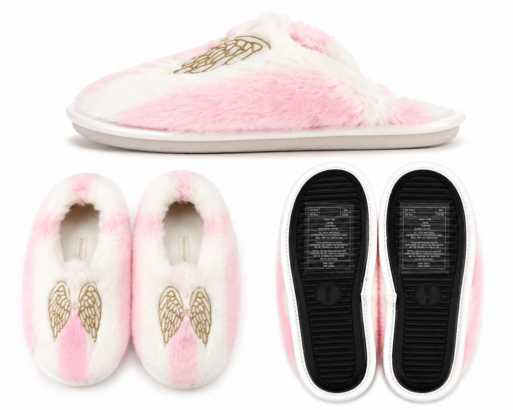 Victoria’s Secret PINK Angel Wings Faux Fur Slippers Pink & White Size S